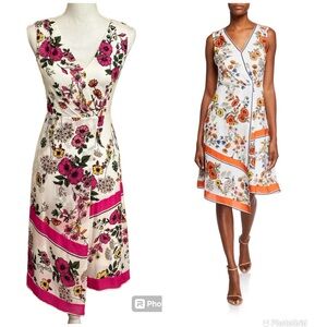 Elie Tahari Jannele Pink Floral Print Asymmetrical  Sleeveless Faux Wrap…